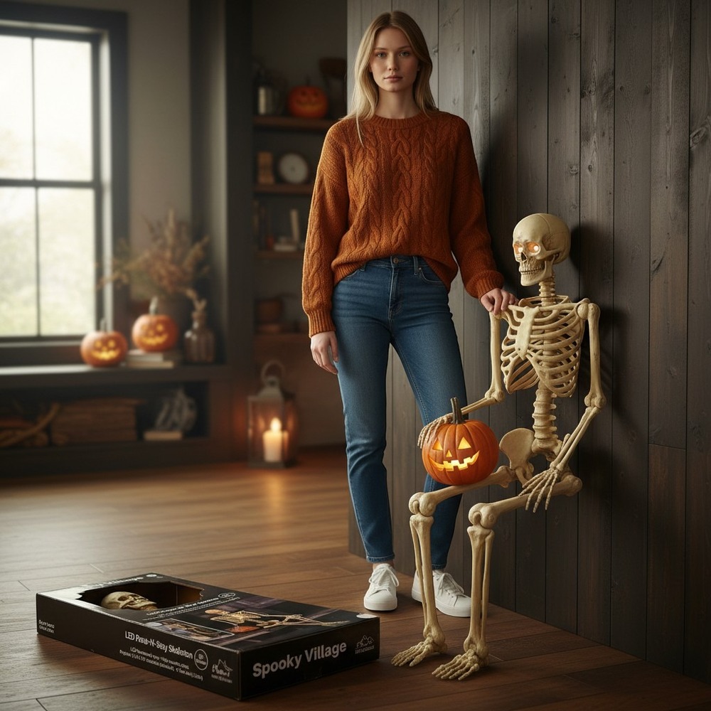Spooky Village 5ft 60" LED Pose-N-Stay Skeleton Halloween Decor free standing